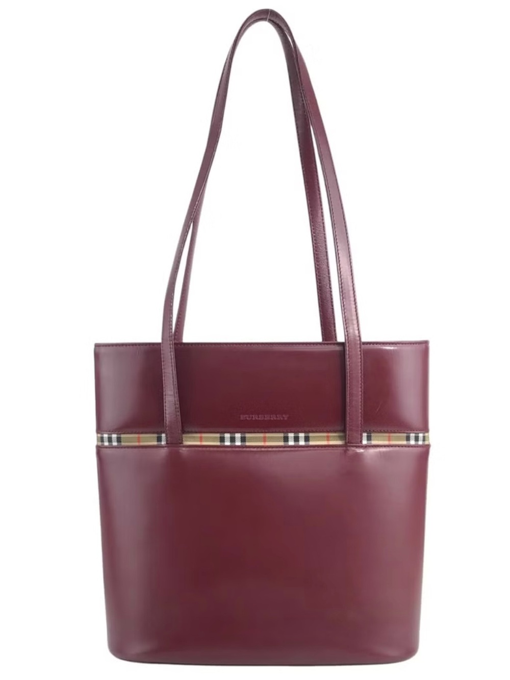 Burberry Burgundy Leather Bordeaux Shoulder Tote Bag with Novacheck Accent